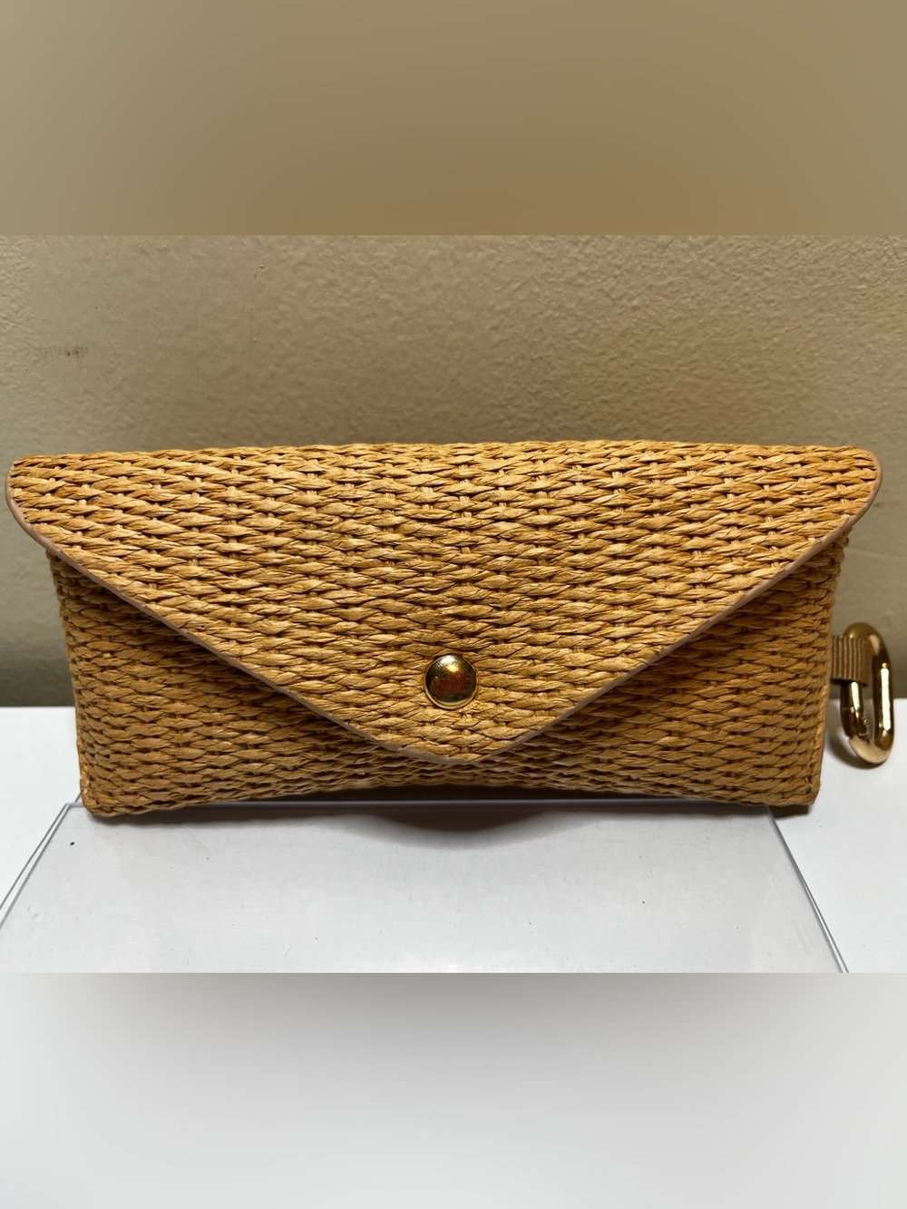 Rattan-Like Woven Sunglasses Case with Goldtone Snap Closure & Clip